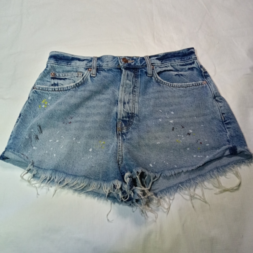 🦋Free People We The Free Lasso Short Blue Cut Off Button Fly Paint Splatter  28